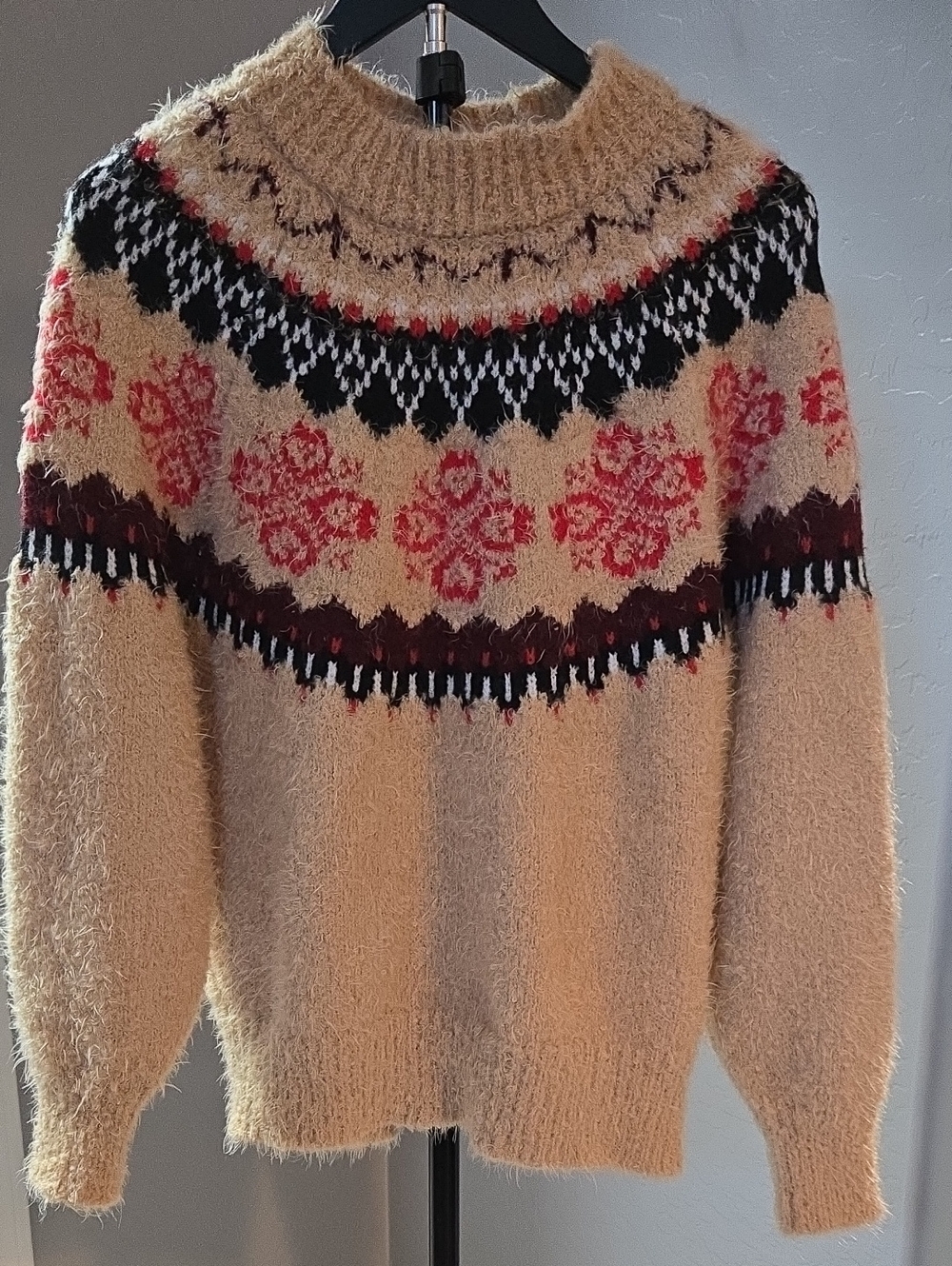 Altar’d State Fuzzy Fair Isle Nordic Sweater Tan XXS Oversized